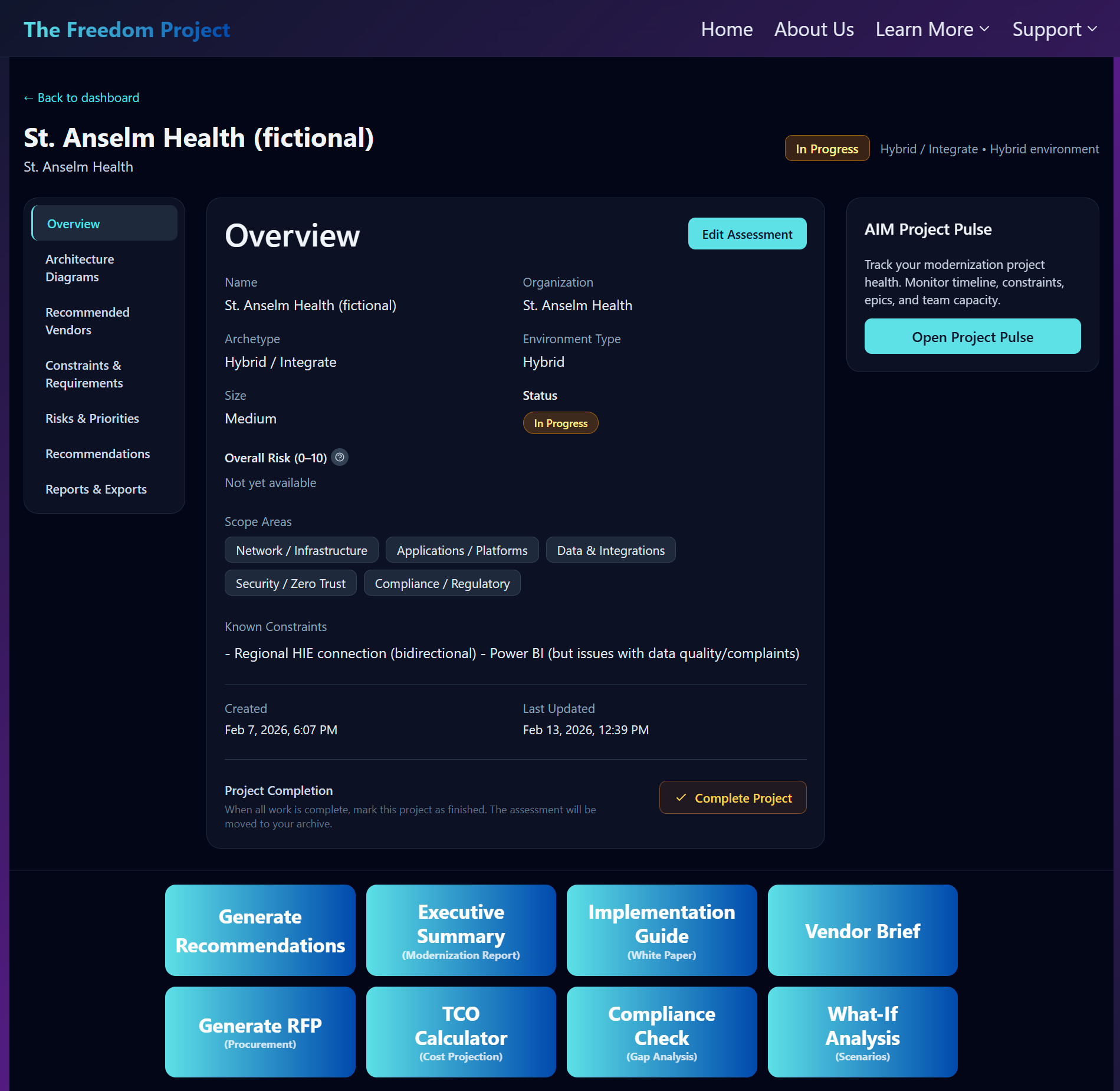 Assessment overview screen showing project status