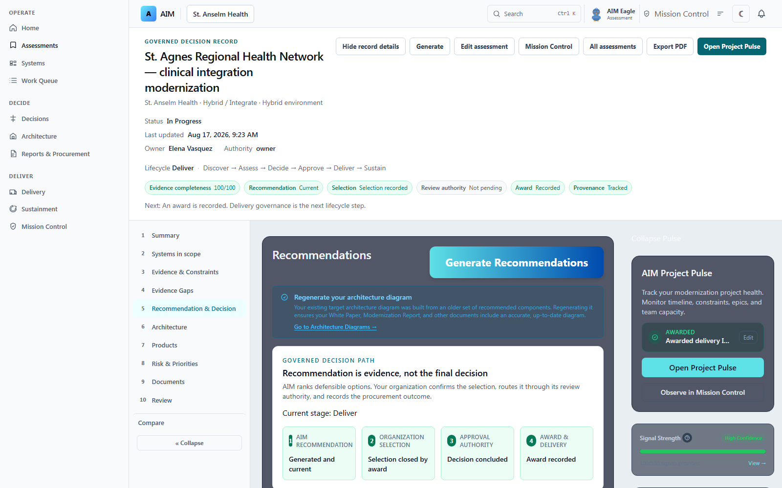 AIM recommendation and decision workspace with scored options for the fictional St. Agnes Regional Health Network