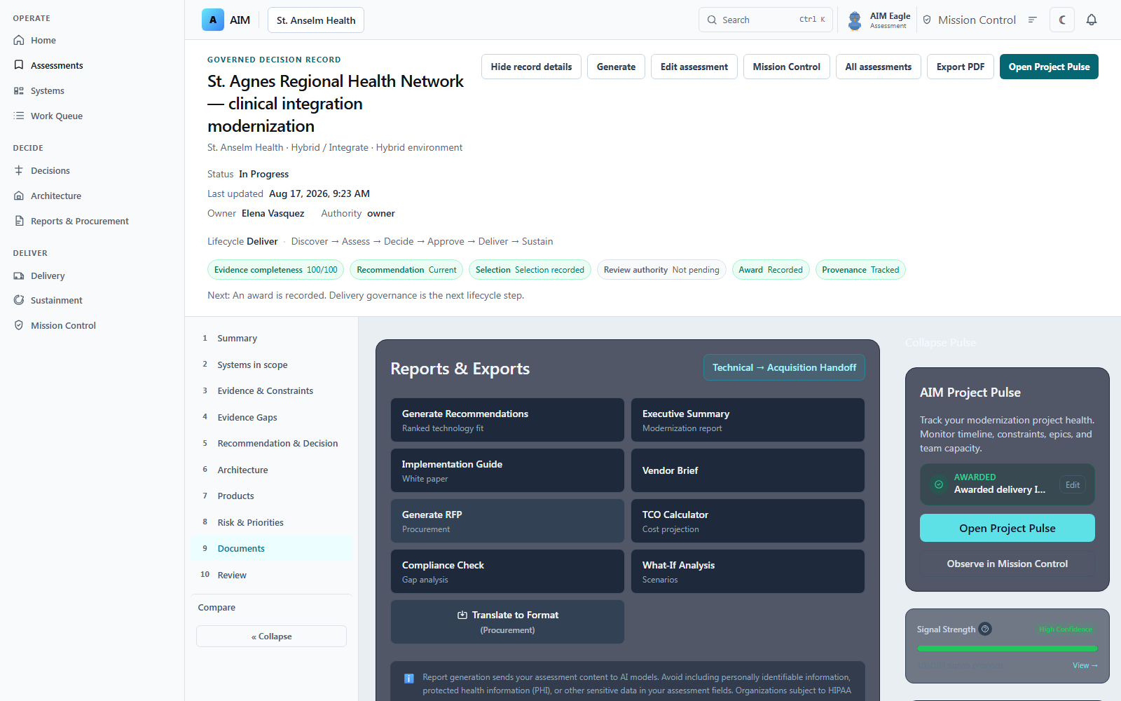 AIM documents and procurement outputs for the fictional St. Agnes Regional Health Network