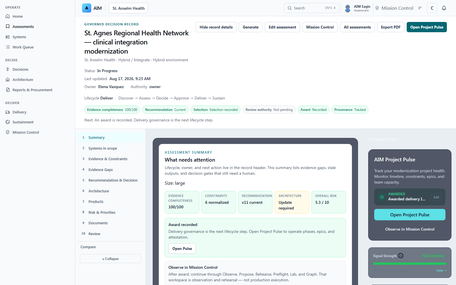 AIM assessment workspace with evidence, constraints, and next actions for the fictional St. Agnes Regional Health Network